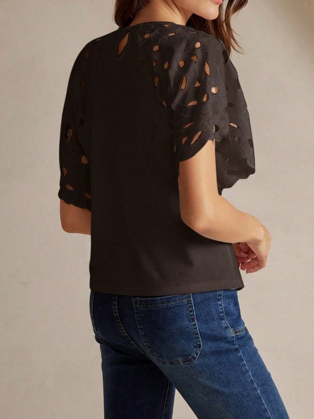 Coffee Brown Casual Women's Elegant Hollow-Out Short Sleeve T-Shirt - Picture 2 of 6